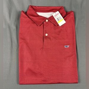 Vineyard Vines Golf Shirt Polo Micro Whale Print Medium Red Polyester Spandex